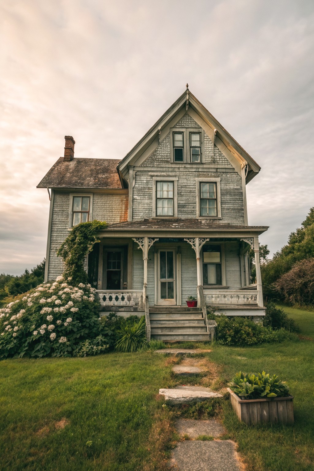 A two-story gray Victorian farmhouse with a gabled roof, front porch with ornate white trim, and a stone pathway leading up to the steps.