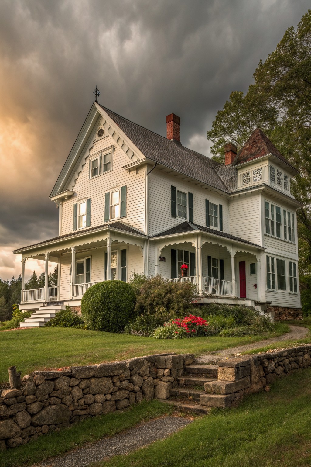 A white Victorian farmhouse with multiple porches and gables stands behind a low stone retaining wall with steps leading to a gravel path.