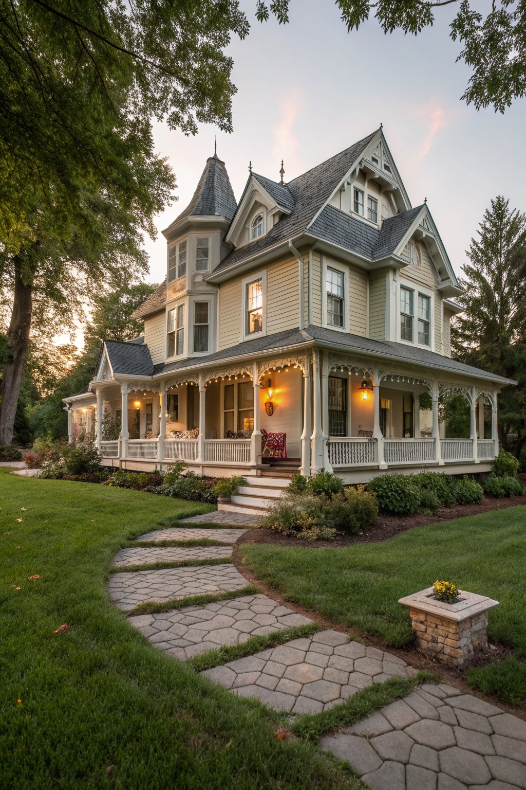 A large Victorian farmhouse with pale yellow siding, a wrap-around porch lit by string lights, and a stone pathway leading to the front steps.