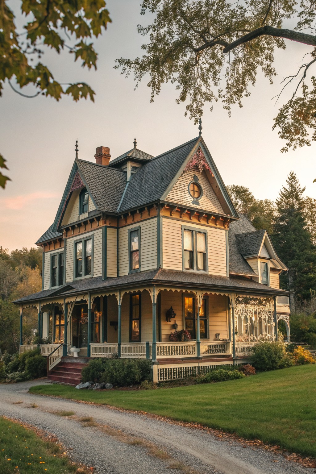 Ornate Victorian house with wraparound porch, steep roof, and lush garden at dusk.