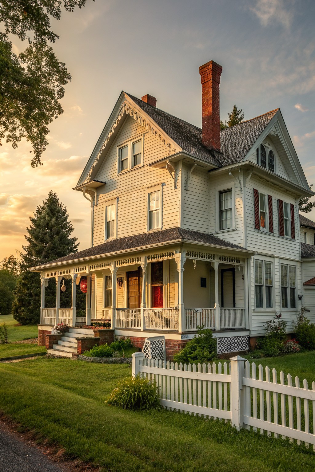 White Victorian house with wraparound porch, red chimney, and picket fence at sunset