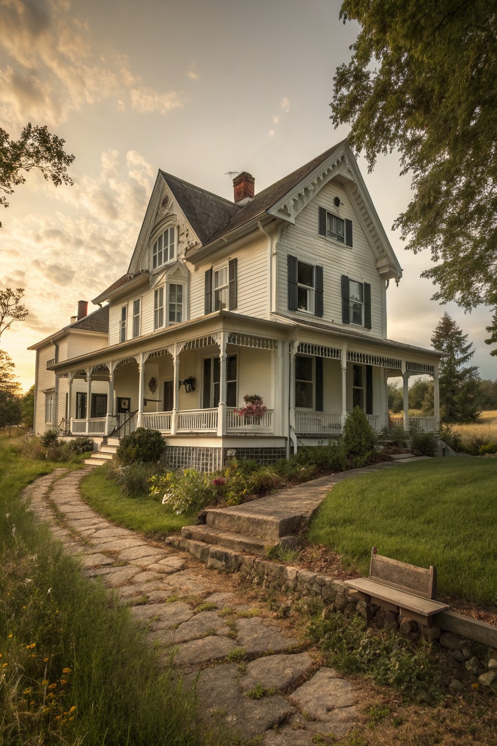 A white Victorian farmhouse with a large wrap-around porch, dark shutters, a stone pathway, and green lawn at sunset.