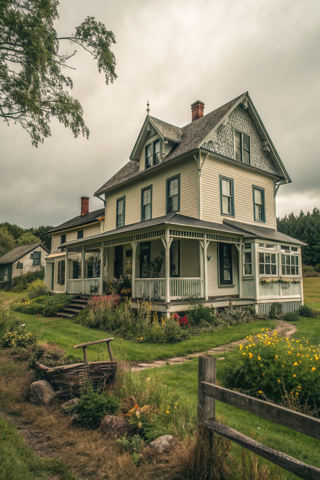 White Victorian house with green trim, wraparound porch, overgrown garden, and wooden fence