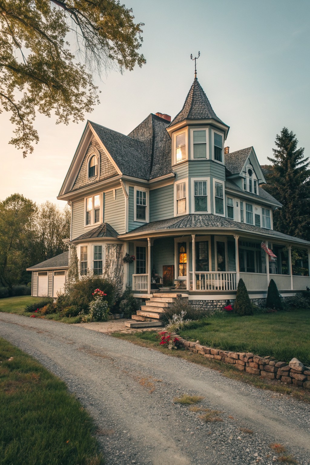 Large light-blue Victorian house with turret, wrap-around porch and gravel driveway