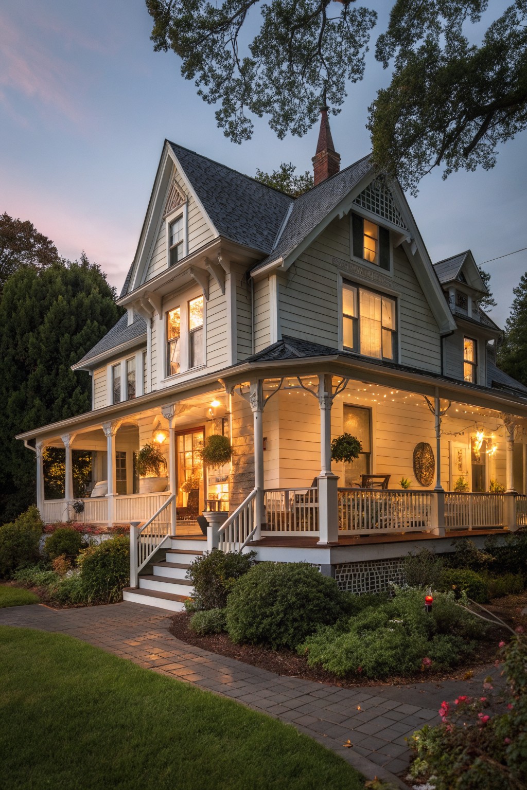 Victorian house with glowing windows and string-lit wraparound porch at twilight