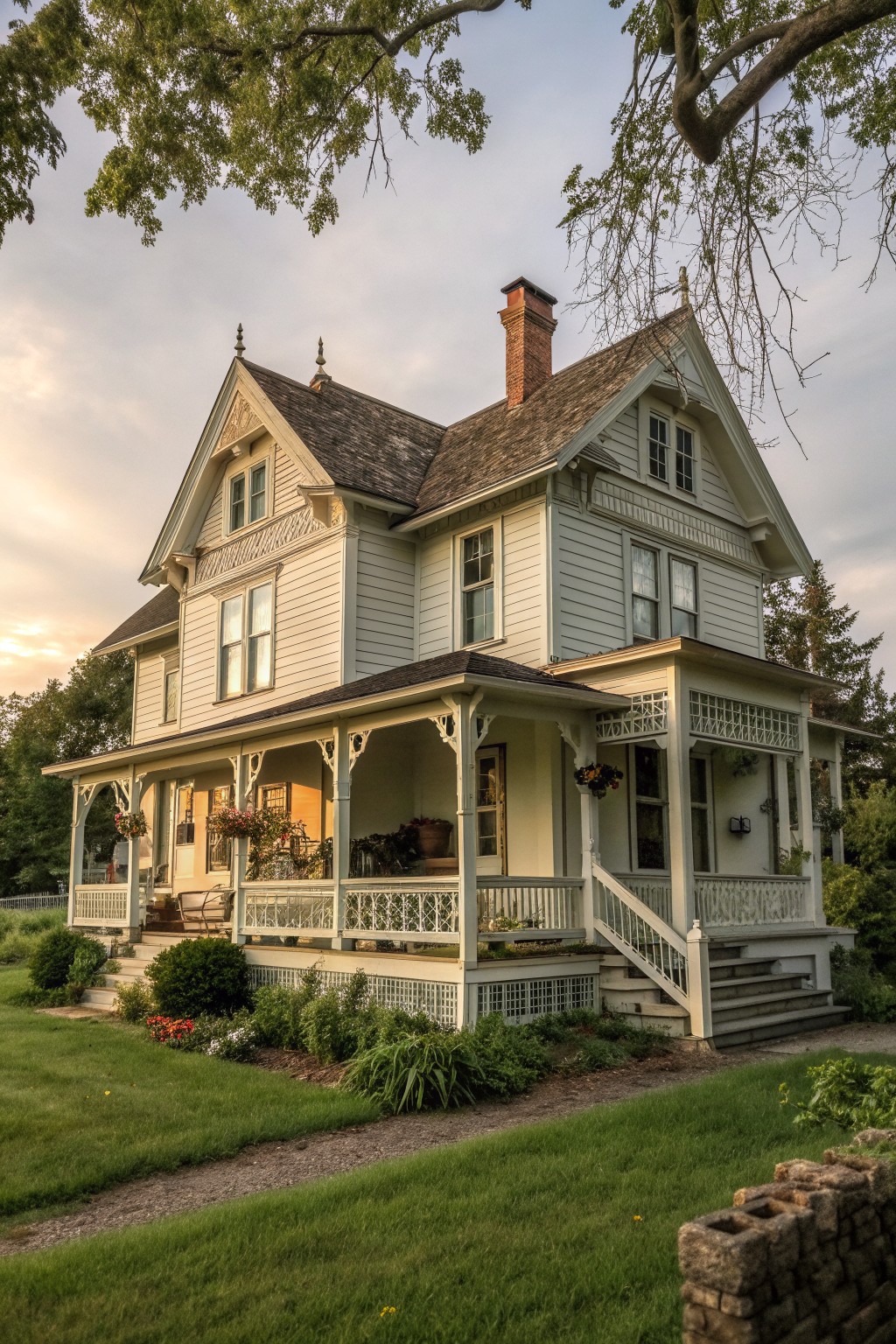 A white two-story Victorian farmhouse with a large wraparound porch, multiple gables, and a brick chimney viewed from the front lawn at dusk.