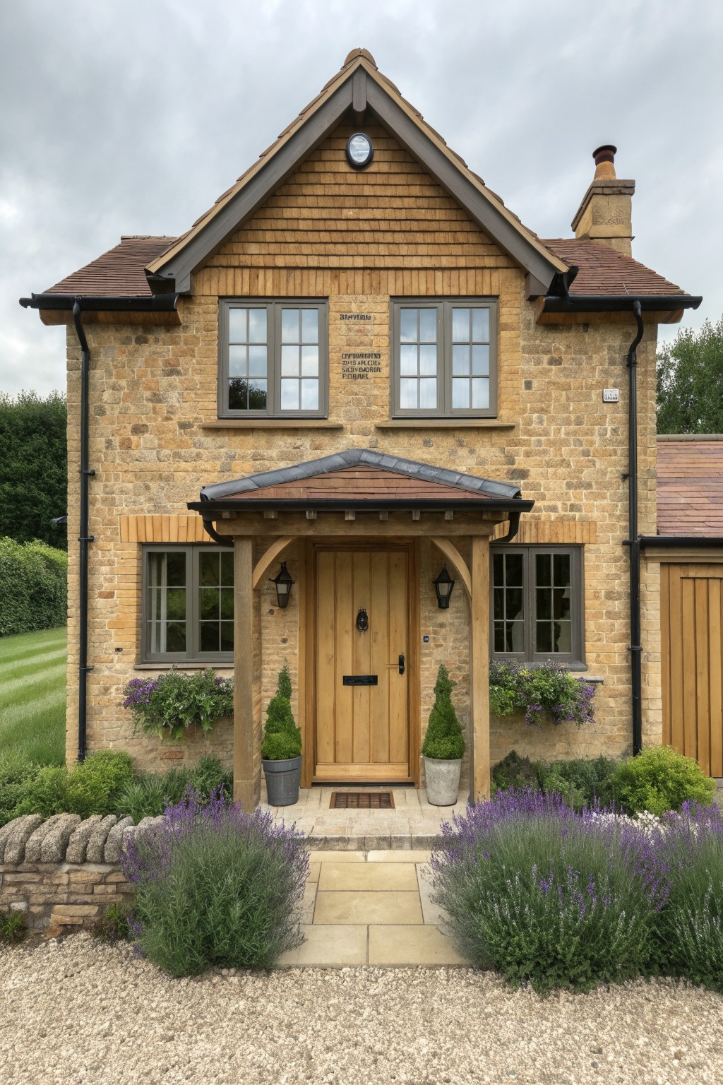 Stone house with wooden door under porch, purple flowers and gravel path