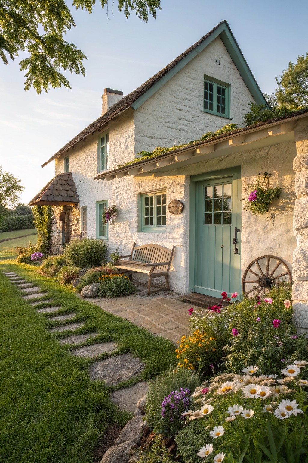White cottage with mint-green door, wooden bench, and vibrant flower garden path