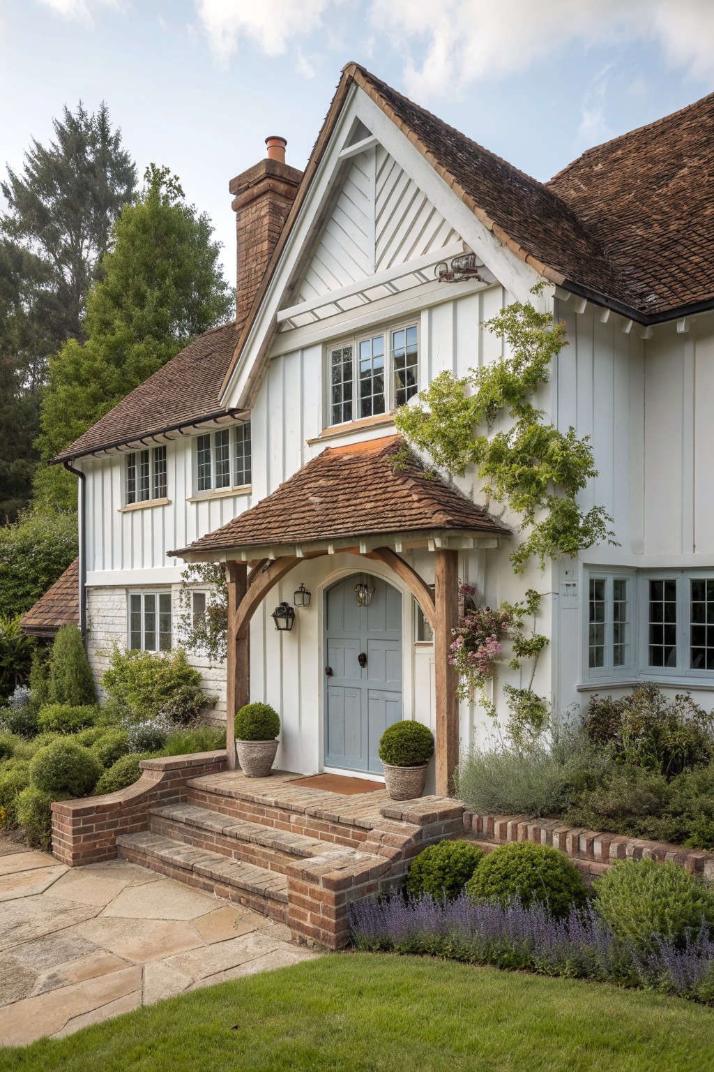 A white European cottage exterior with a light blue front door beneath an arched wooden entry porch topped with brown tiles, brick steps, and climbing greenery.