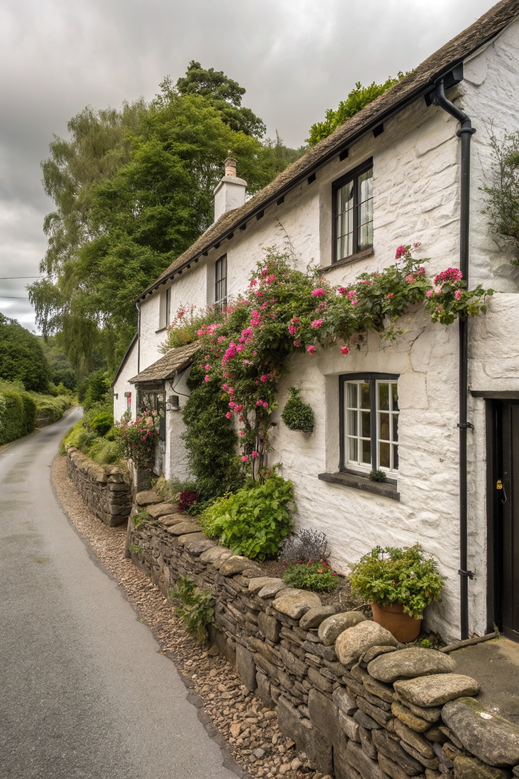 White thatched cottage with pink roses beside stone wall and rural road