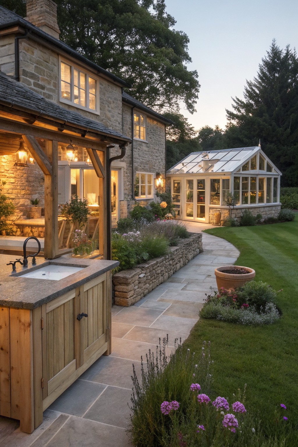 Stone cottage exterior with attached wooden outdoor sink cabinet, paved path, and greenhouse at dusk.