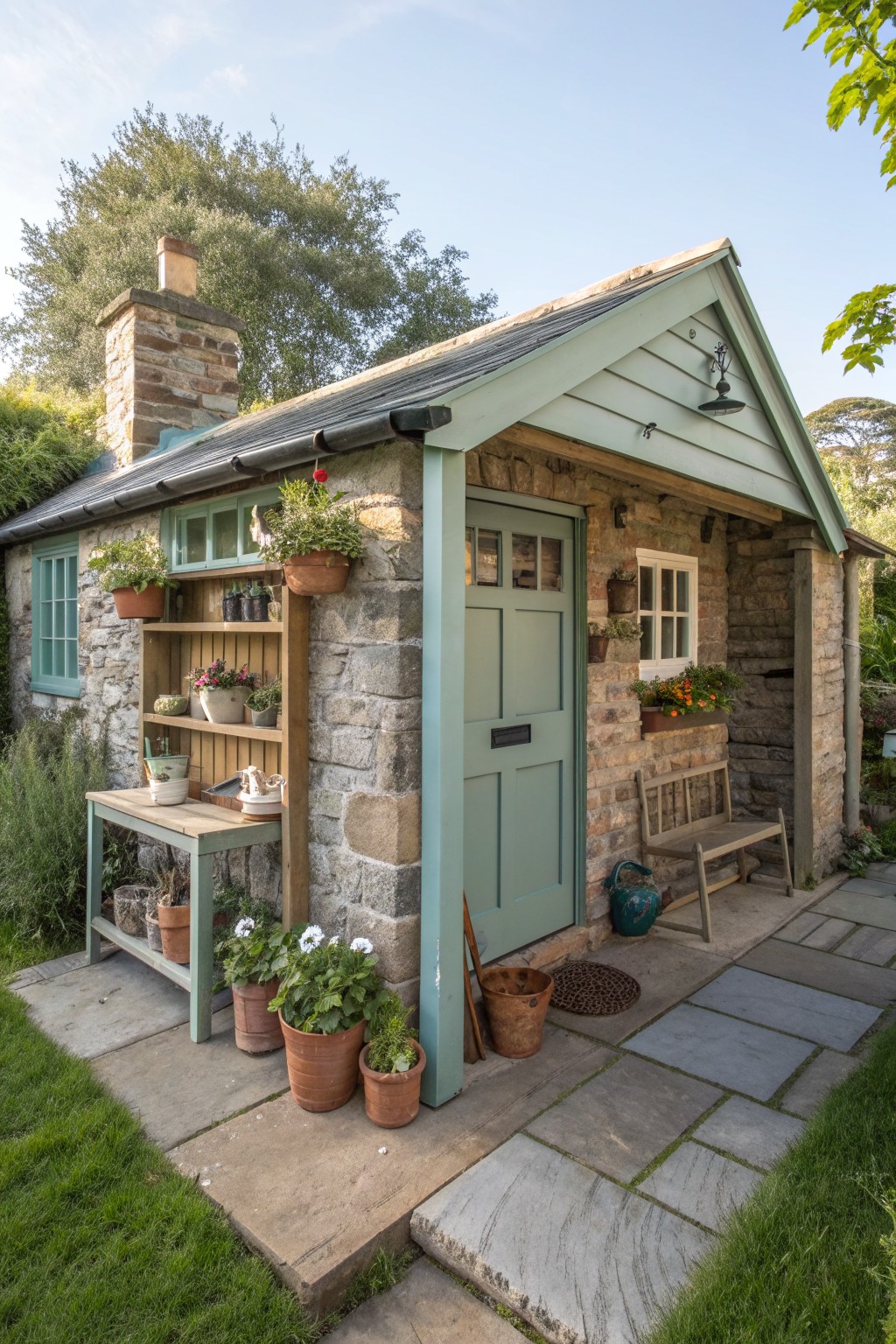 Rustic stone shed with light green door, bench, and colorful potted plants outside