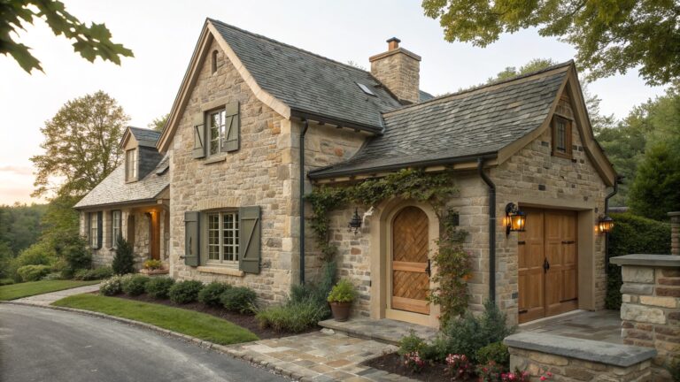 22 Charming European Cottage Exteriors Built Around Rustic Farmhouse Details A stone cottage exterior with a wooden front door under an arch, wooden shutters on the windows, and climbing vines along the walls.