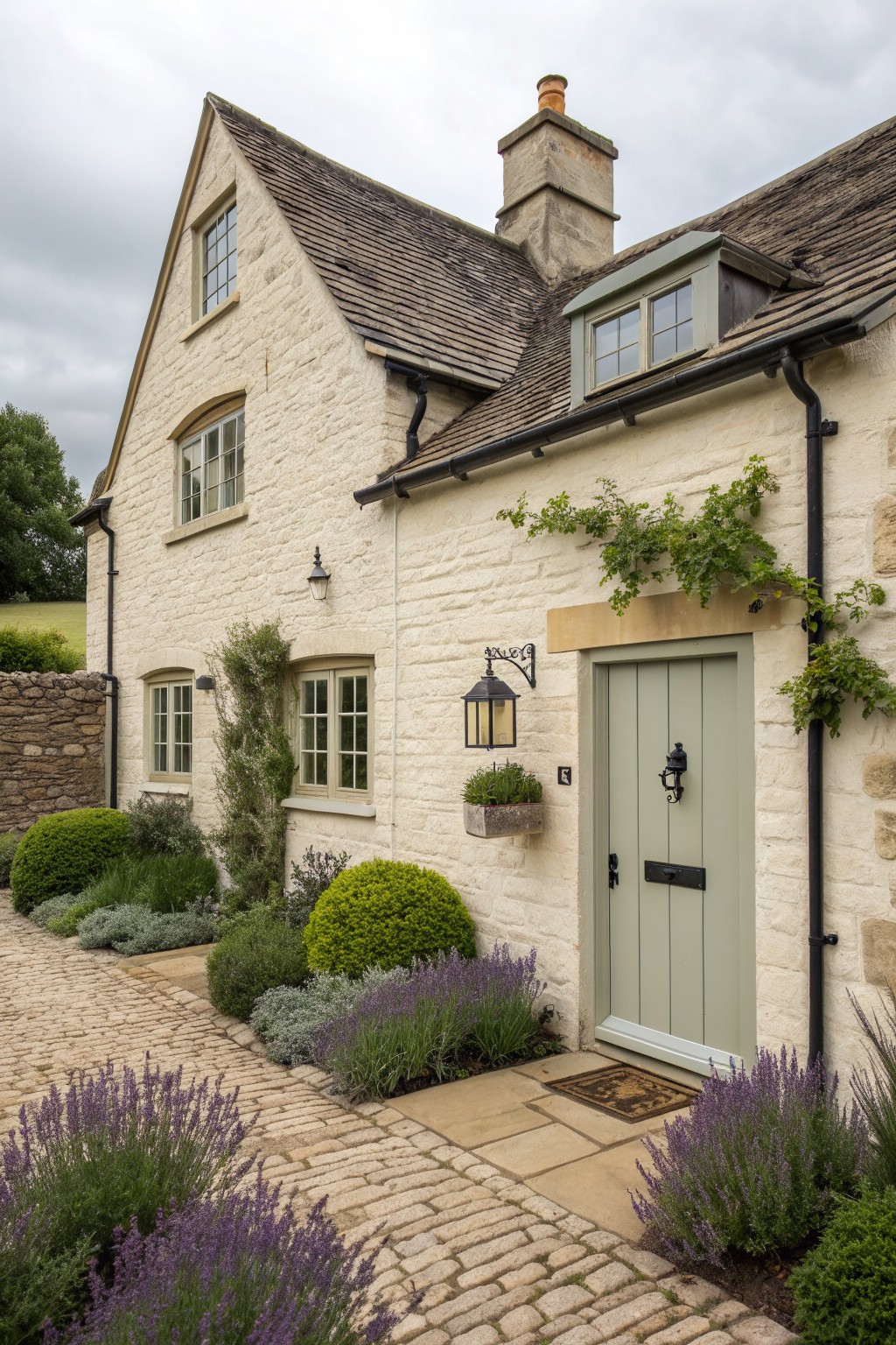 A stone cottage exterior featuring a light green front door, climbing vines above the stone lintel, a wall lantern, and lavender plants along the cobblestone path.