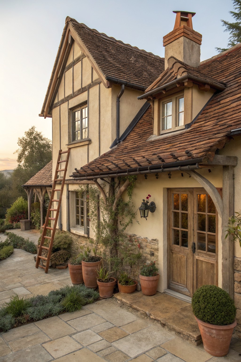 A European cottage exterior with stucco walls, a low stone base, wooden double doors, a tiled roof, and potted plants along the stone path.