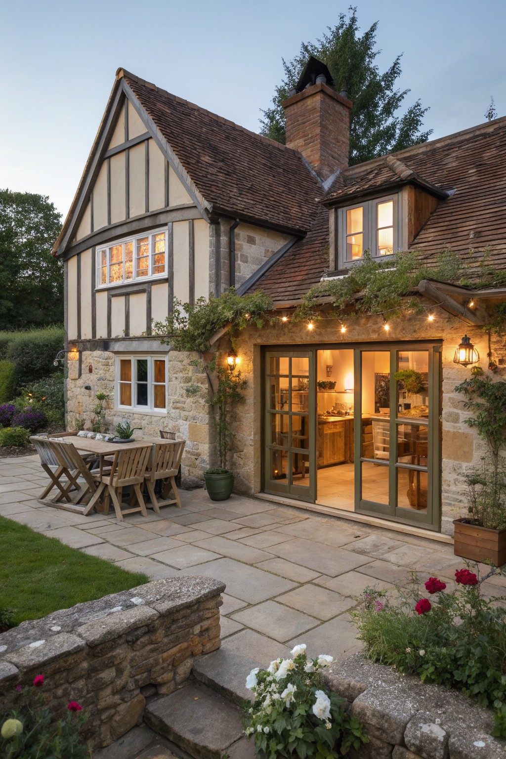 Charming Tudor-style stone cottage with patio furniture, open kitchen doors, and string lights.