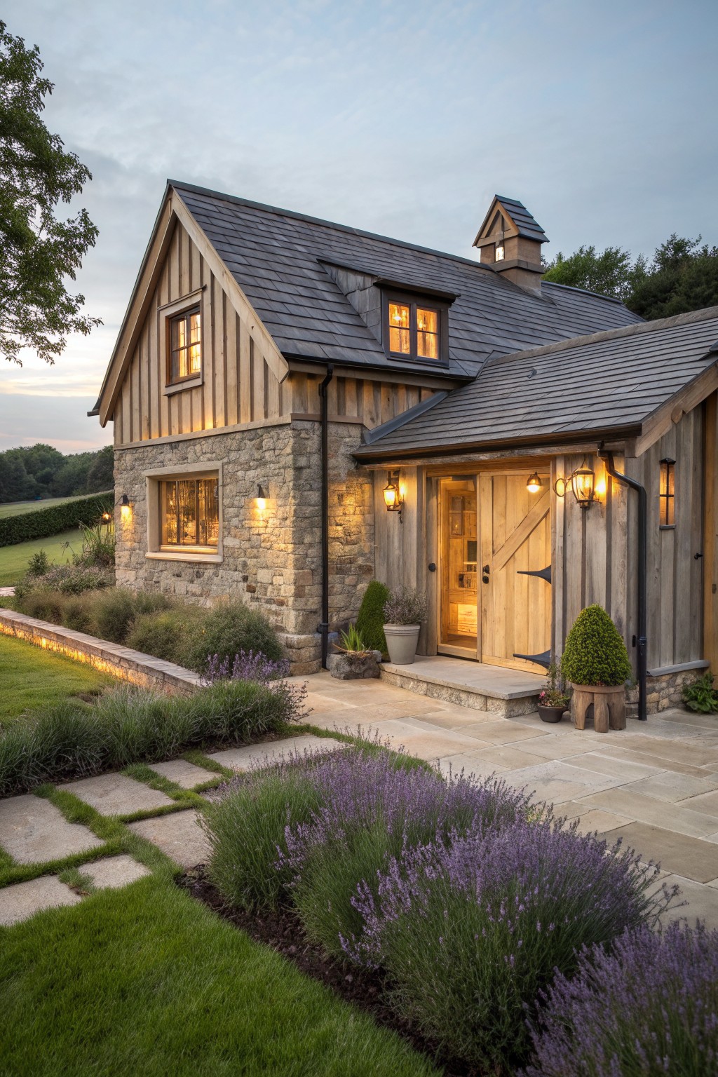 A European-style cottage exterior featuring a stone lower wall, vertical wood siding, a wooden entry door, and a lavender-lined stone pathway leading to the front.