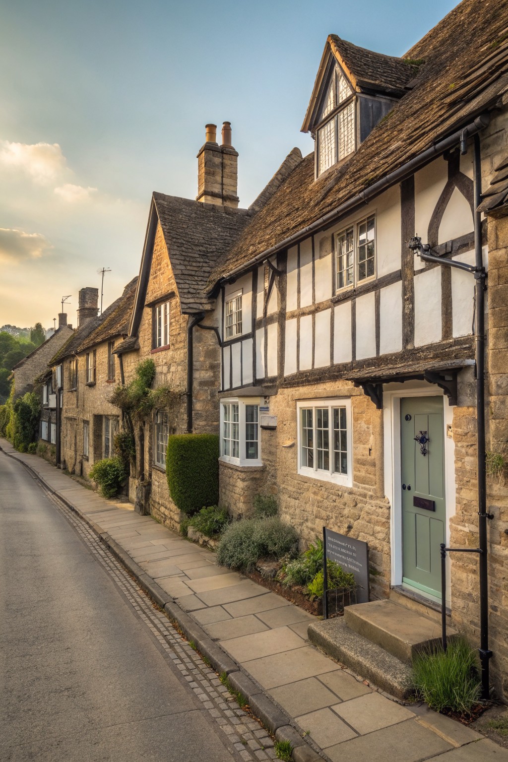 Historic stone cottages line a sunny village street with a green door