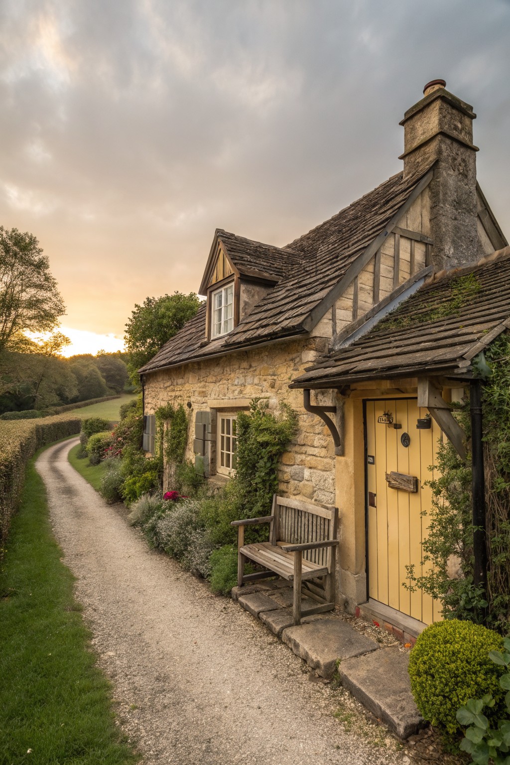 A stone cottage exterior with a bright yellow wooden door, a gravel path alongside, and a wooden bench near the entrance.