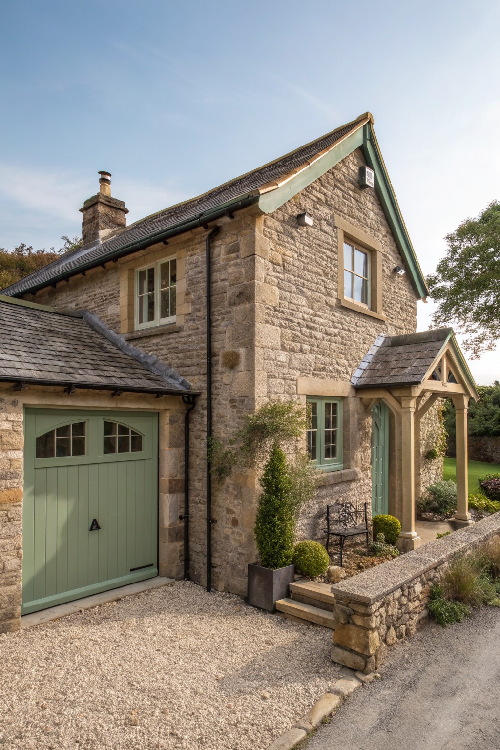 Stone house with green garage door, windows, porch, and gravel driveway.