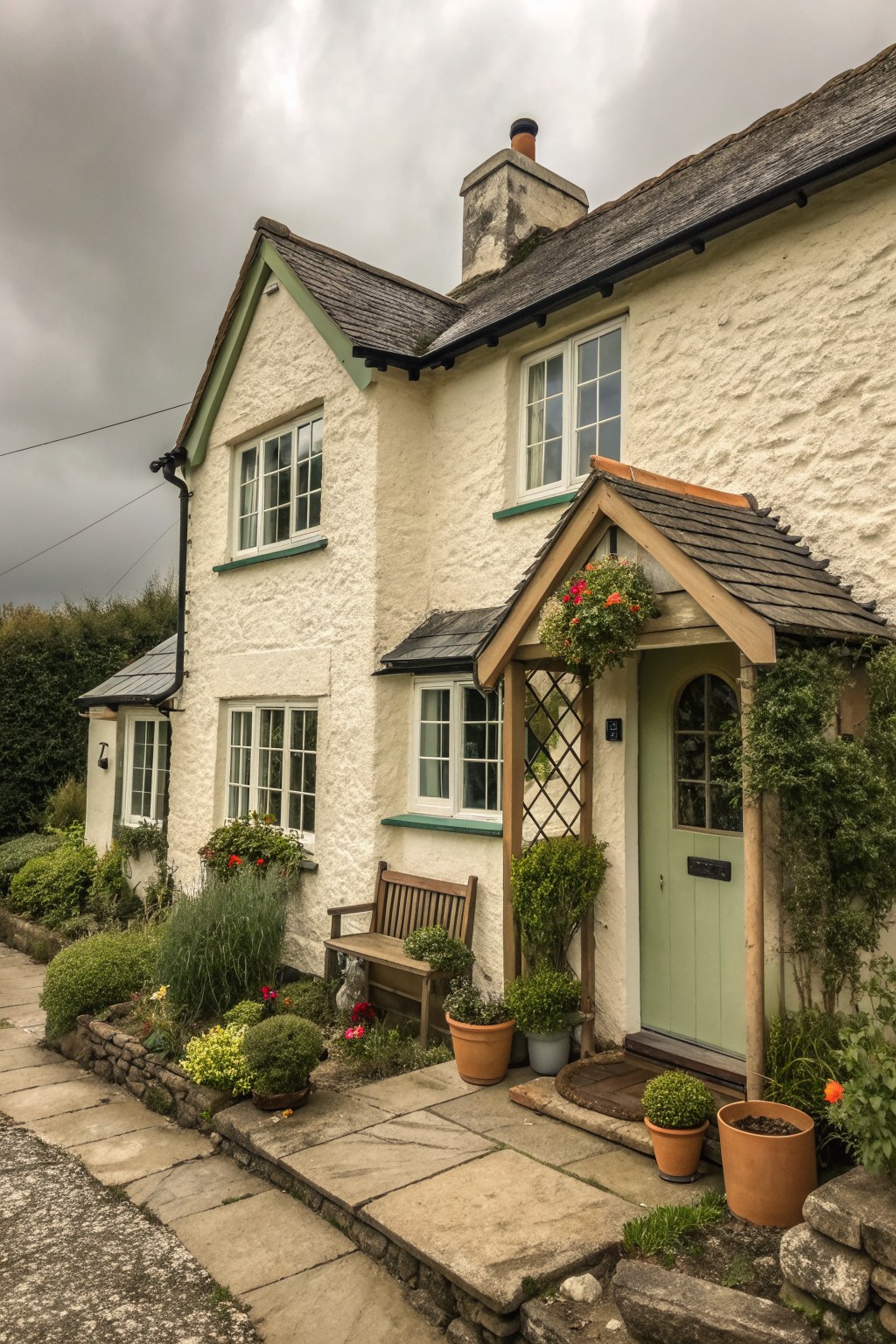 White cottage with green door, flower garden, wooden bench, and stone path under clouds.
