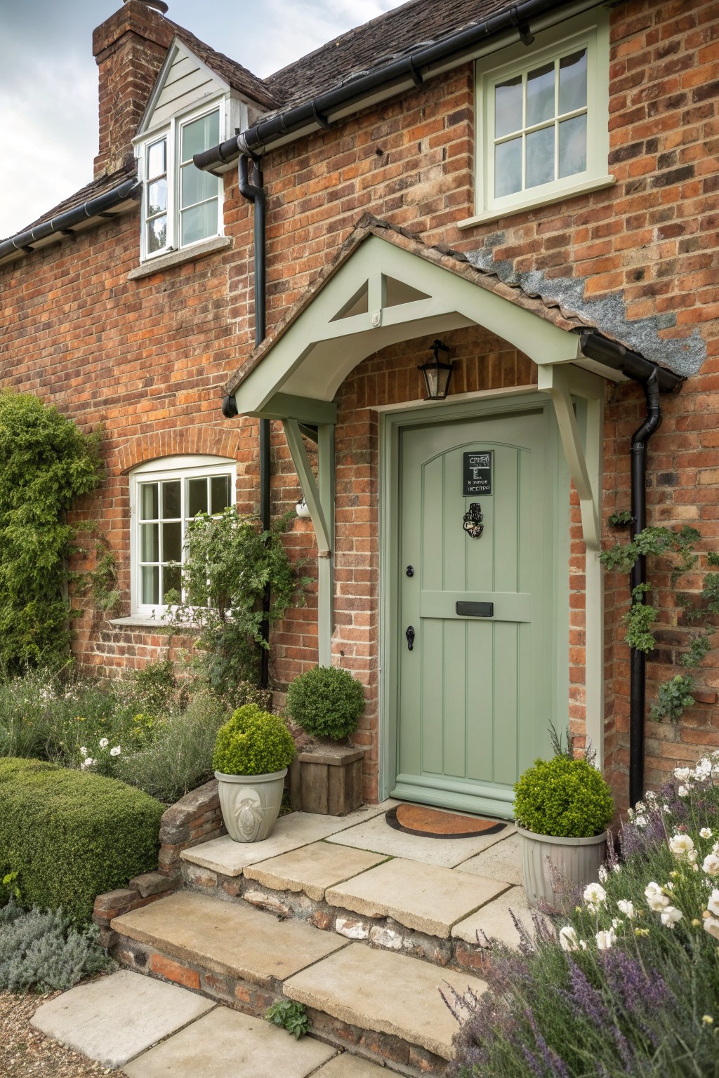 Red brick house with sage green door, potted plants, and stone steps