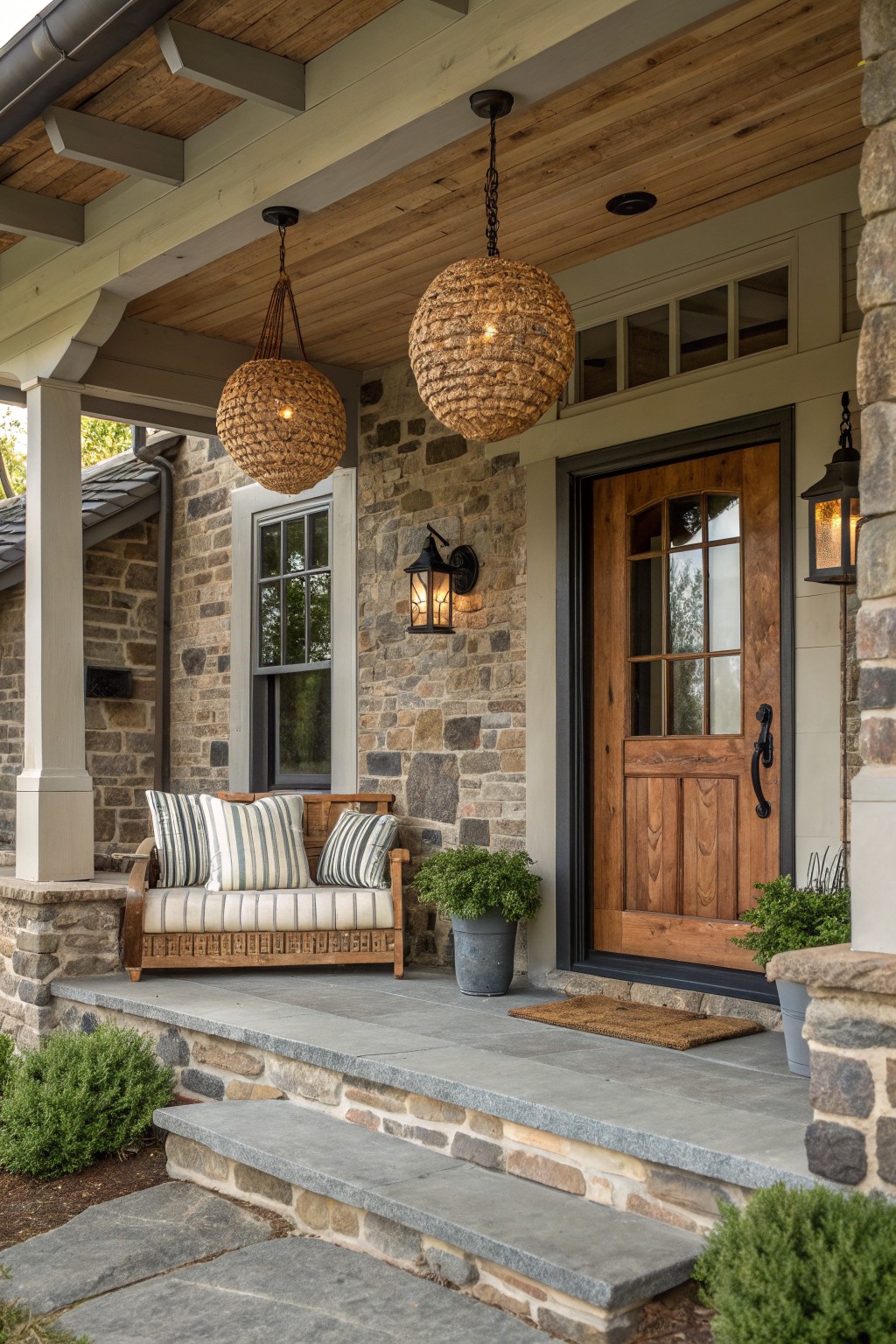 A stone house exterior with a wooden front door, wooden porch ceiling, and a bench with striped cushions under woven hanging lights.