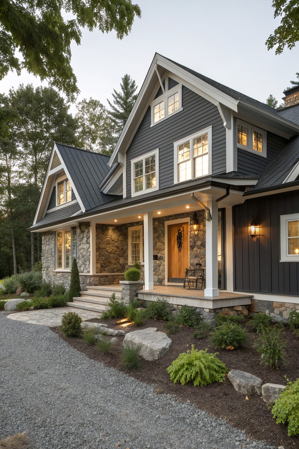 A two-story house with dark gray siding, white trim, and stone accents around the front porch and entry door, set against trees and a gravel driveway.