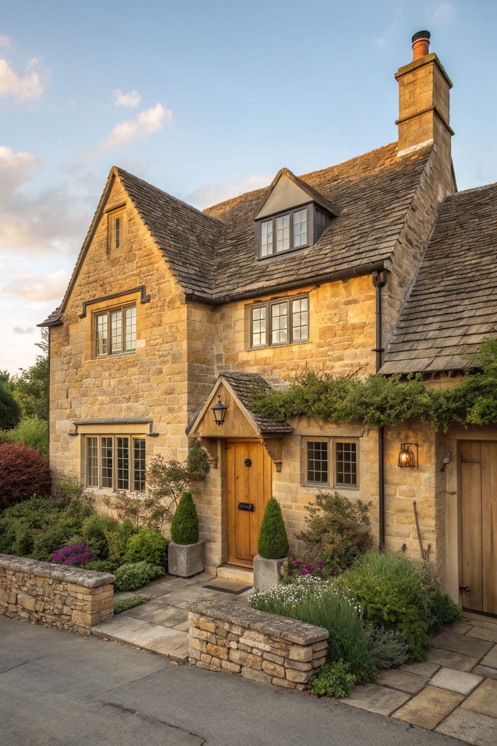 A stone cottage exterior featuring a central wooden door under a small gabled overhang, multiple multi-pane windows, a slate roof with chimney, and surrounding garden beds with a paved walkway.