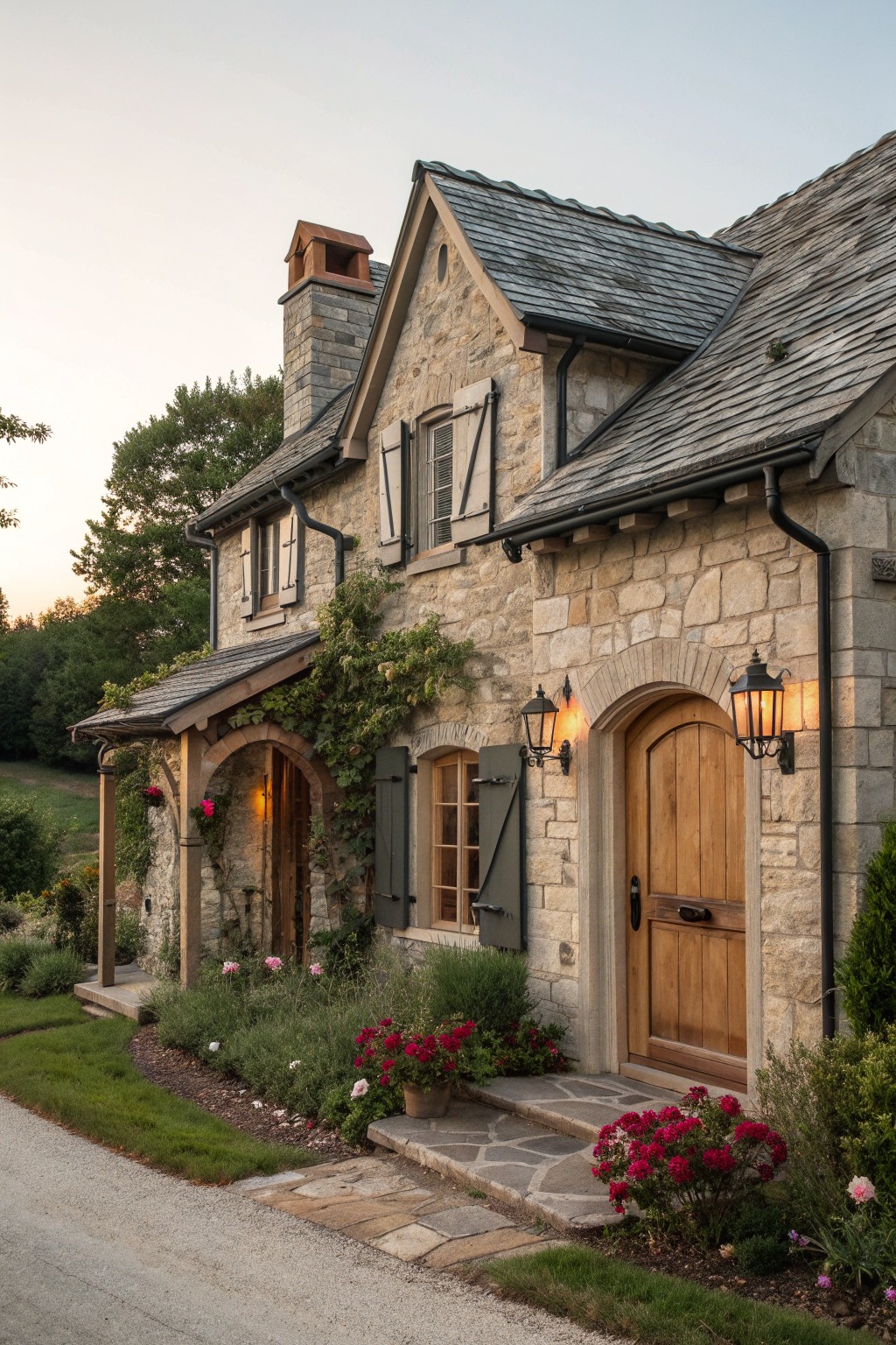 A stone cottage exterior with a wooden front door under an arch, wooden shutters on the windows, and climbing vines along the walls.