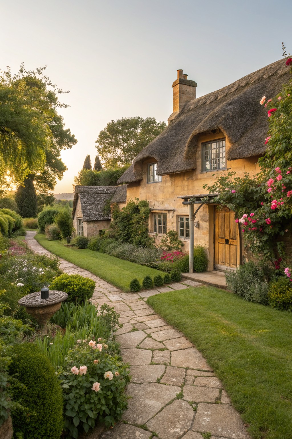 A thatched roof cottage with yellow stone walls, a wooden front door, and a winding stone path through a lush garden at sunset.