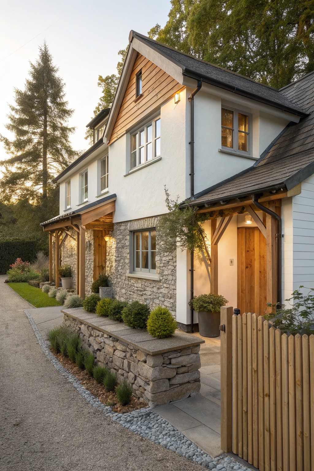 A two-story cottage exterior features white walls, a stone lower section, wooden gable siding, a timber-framed entry porch with a wooden door, and a low stone wall along a gravel path with a wooden gate.