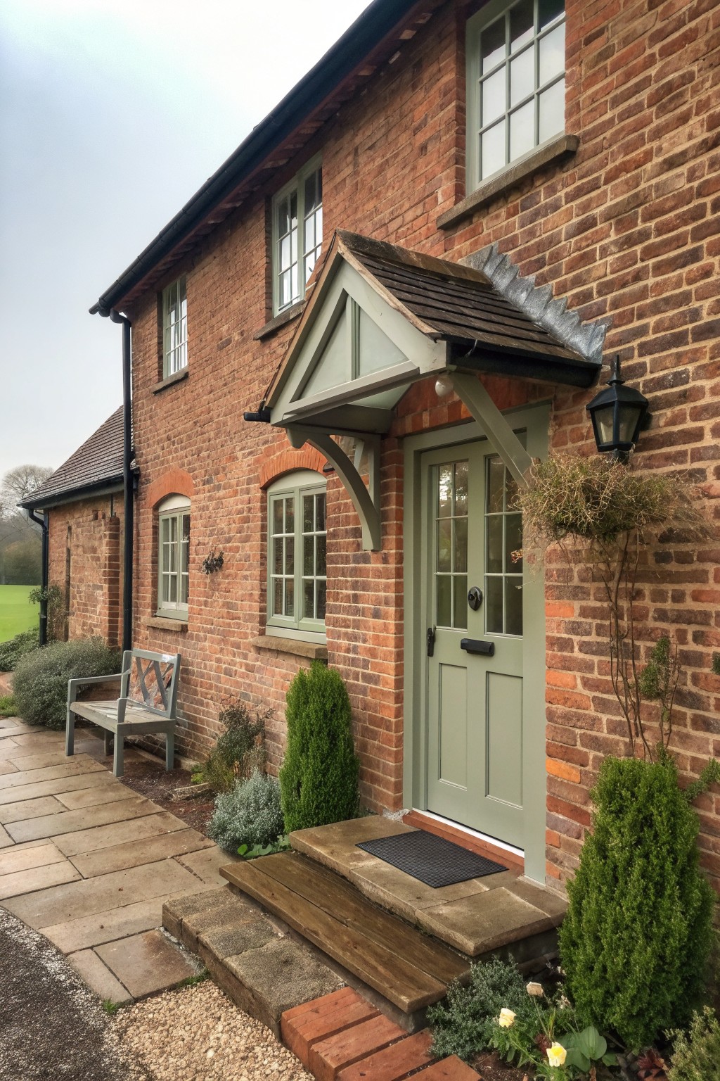 A red brick farmhouse exterior featuring a light green paneled front door beneath a small gabled canopy, with stone steps and a black doormat.