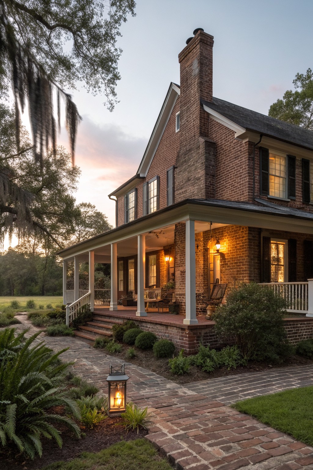 A two-story red brick farmhouse with a covered front porch, black shutters, a tall brick chimney, and a brick pathway leading to the entrance.