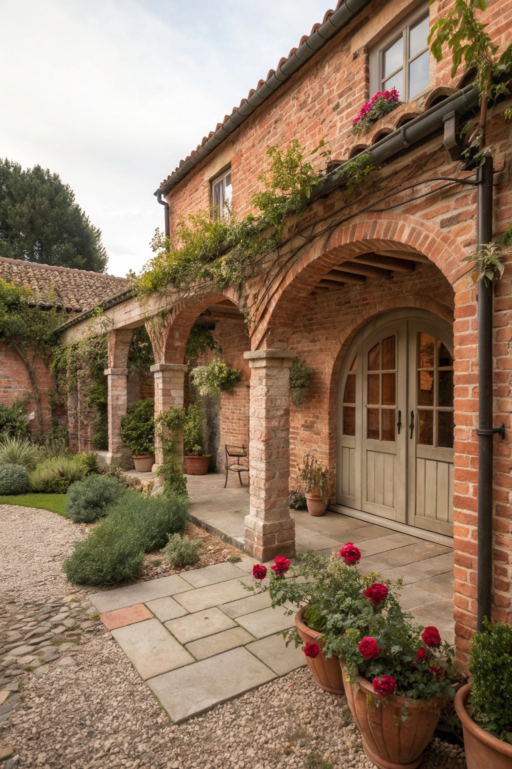 A red brick farmhouse exterior features a series of arches forming a covered walkway, a central double door entry, climbing vines, and terracotta pots with red roses along a stone path.