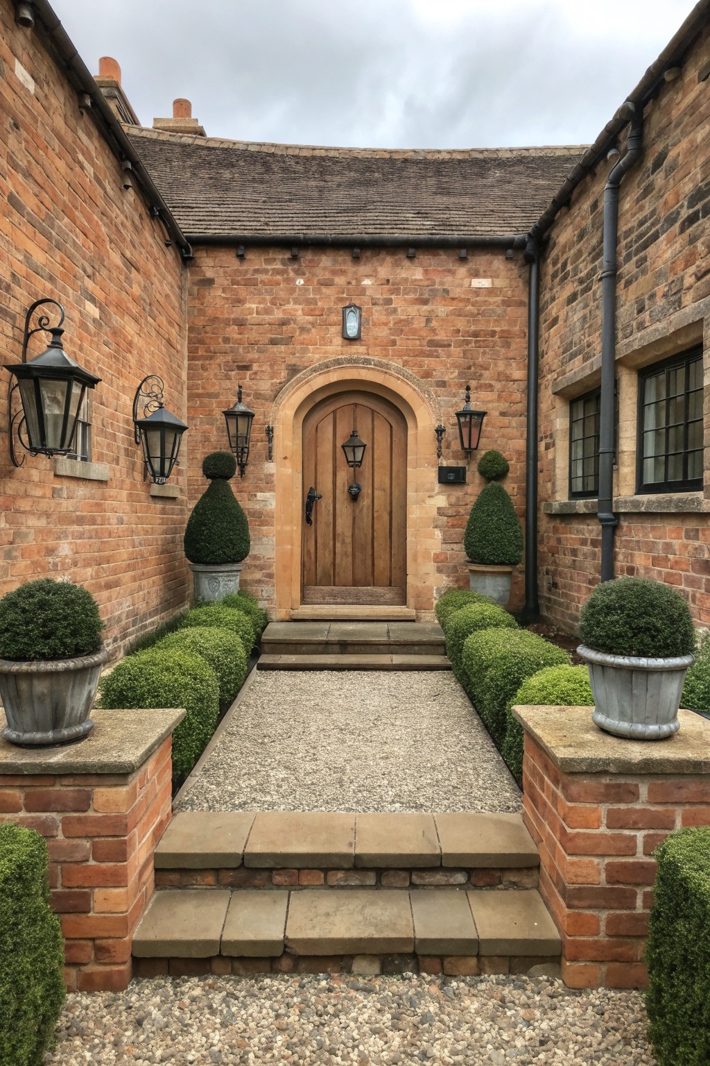 A brick farmhouse exterior shows a wooden door centered in a rounded brick arch, with black lanterns and potted shrubs flanking the entrance and a gravel path leading to stone steps.