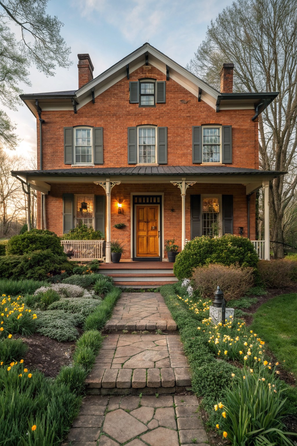 A two-story red brick farmhouse with a centered wooden door, front porch, dark shutters, and a stone pathway through a garden.
