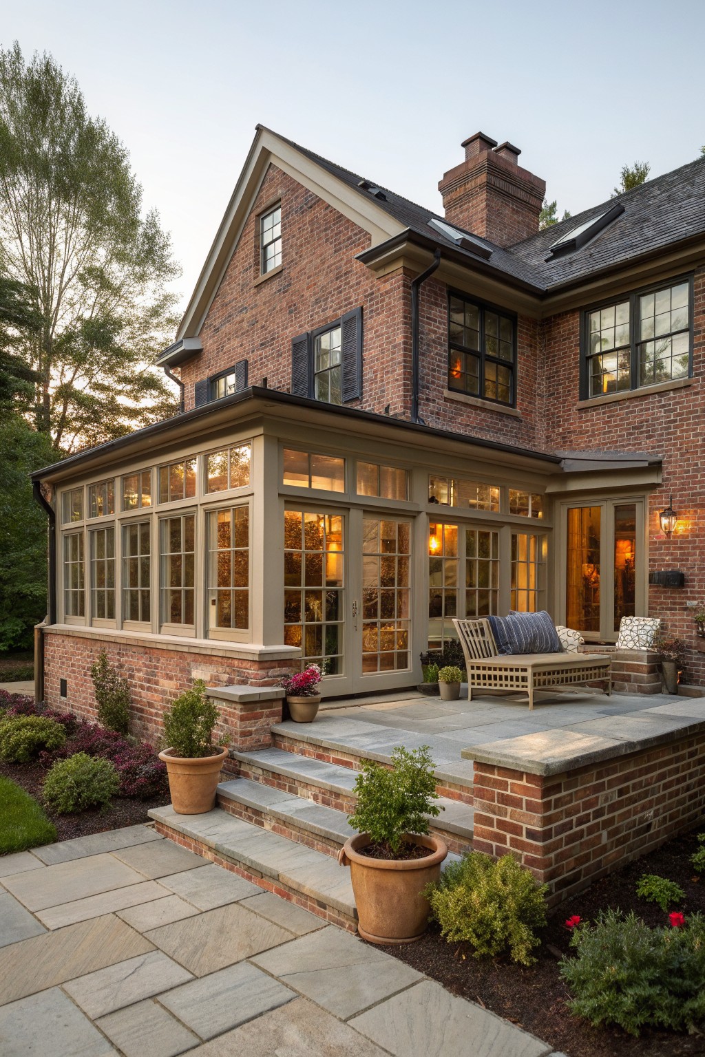 A red brick farmhouse exterior with a large glass-enclosed porch, stone patio and steps, and several potted plants along the garden edge.