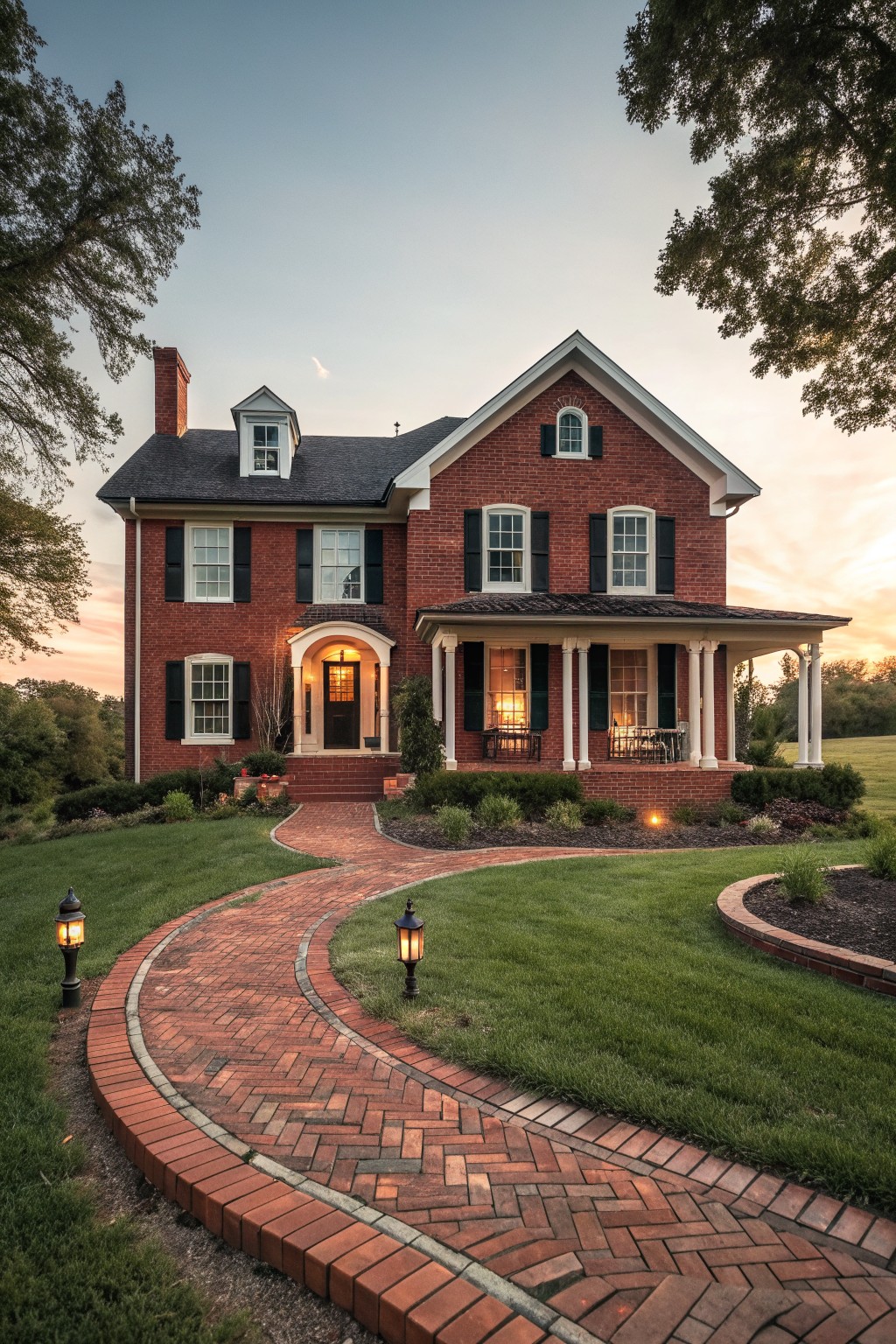 Red brick colonial house with black shutters, white porch, and curved brick path at dusk