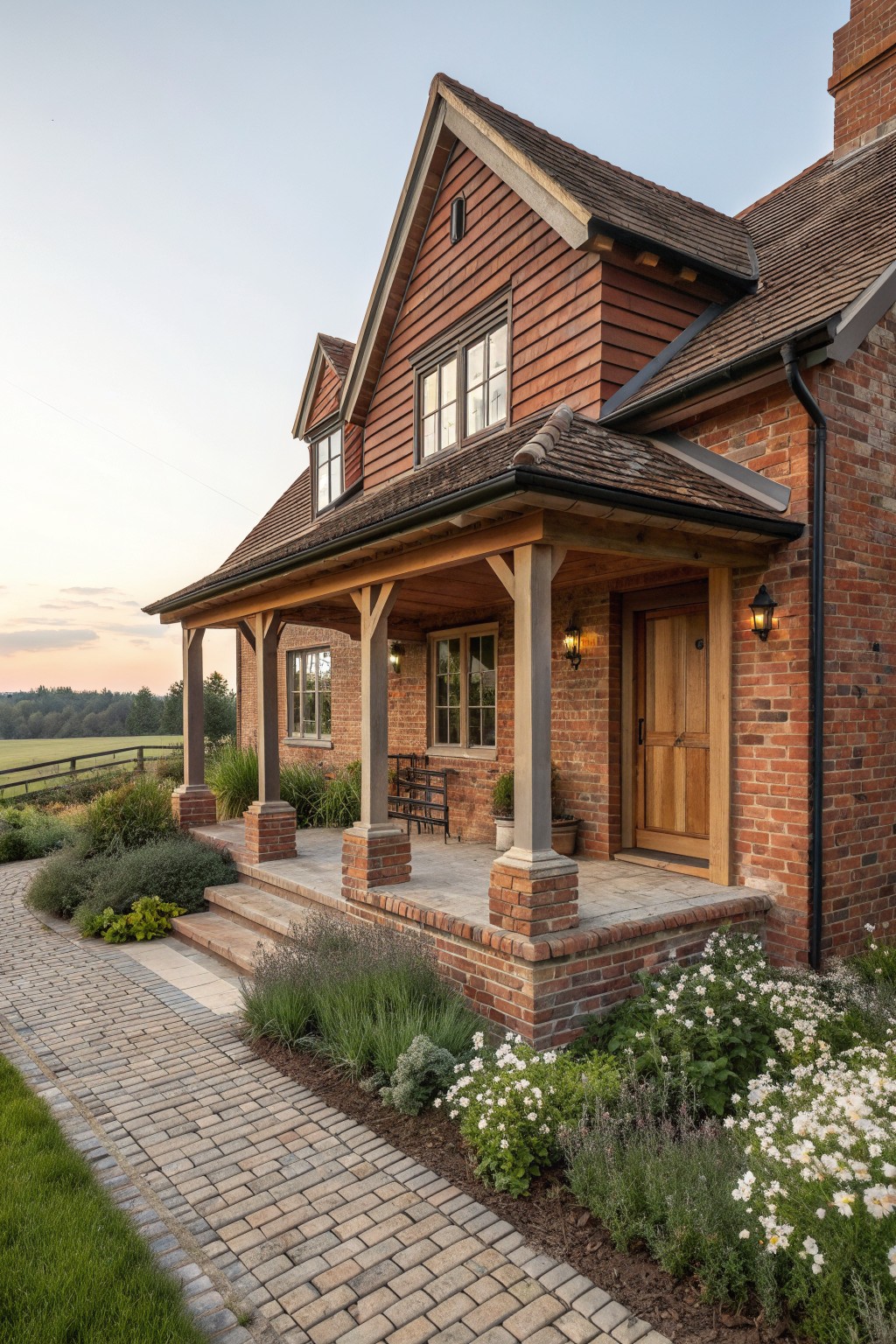 A red brick farmhouse with horizontal wood siding, a covered porch supported by brick columns on brick bases, and a paved pathway bordered by white flowers and shrubs.