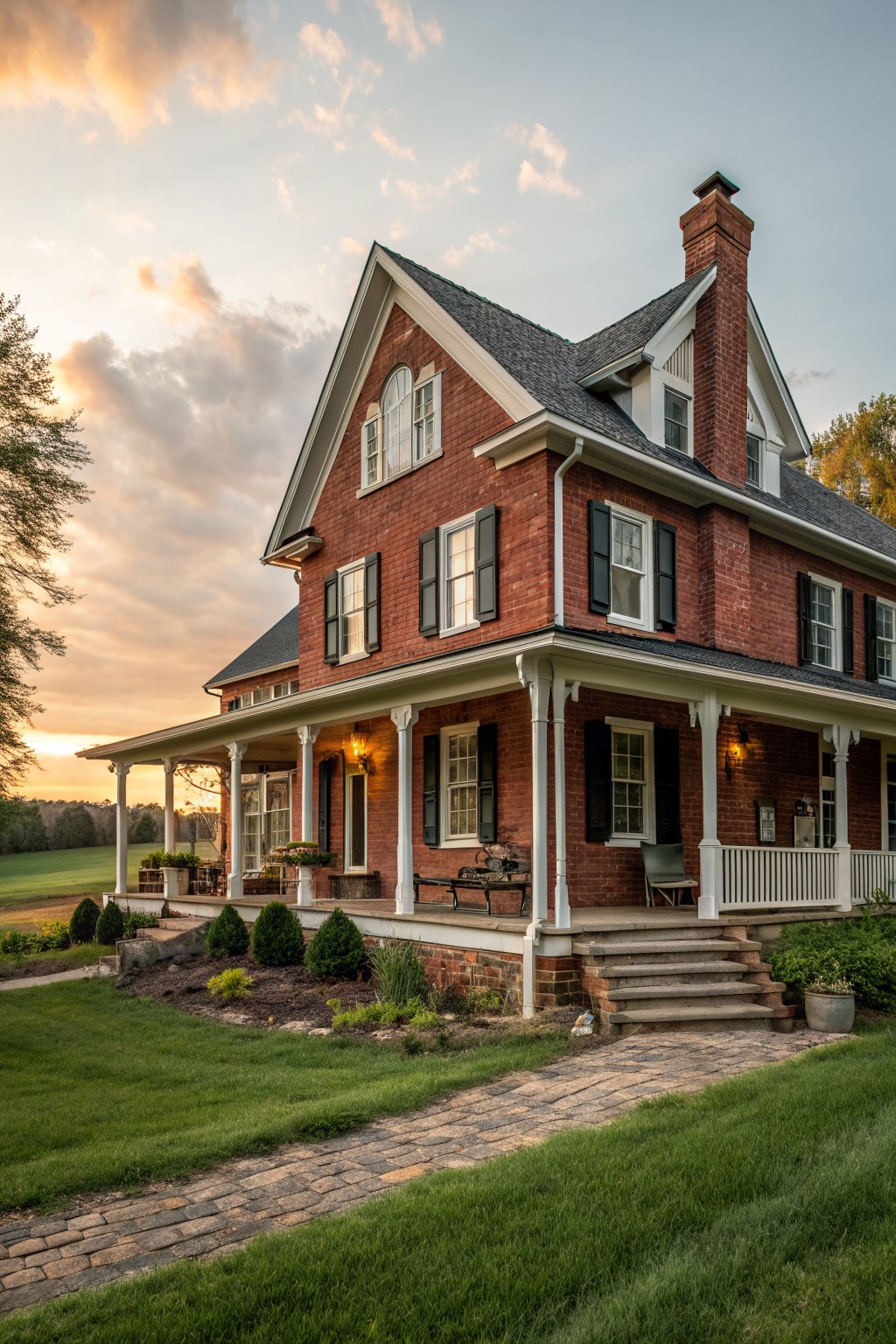 A two-story red brick farmhouse exterior with black shutters, white trim, a wrap-around porch, and a brick chimney under a partly cloudy sky.