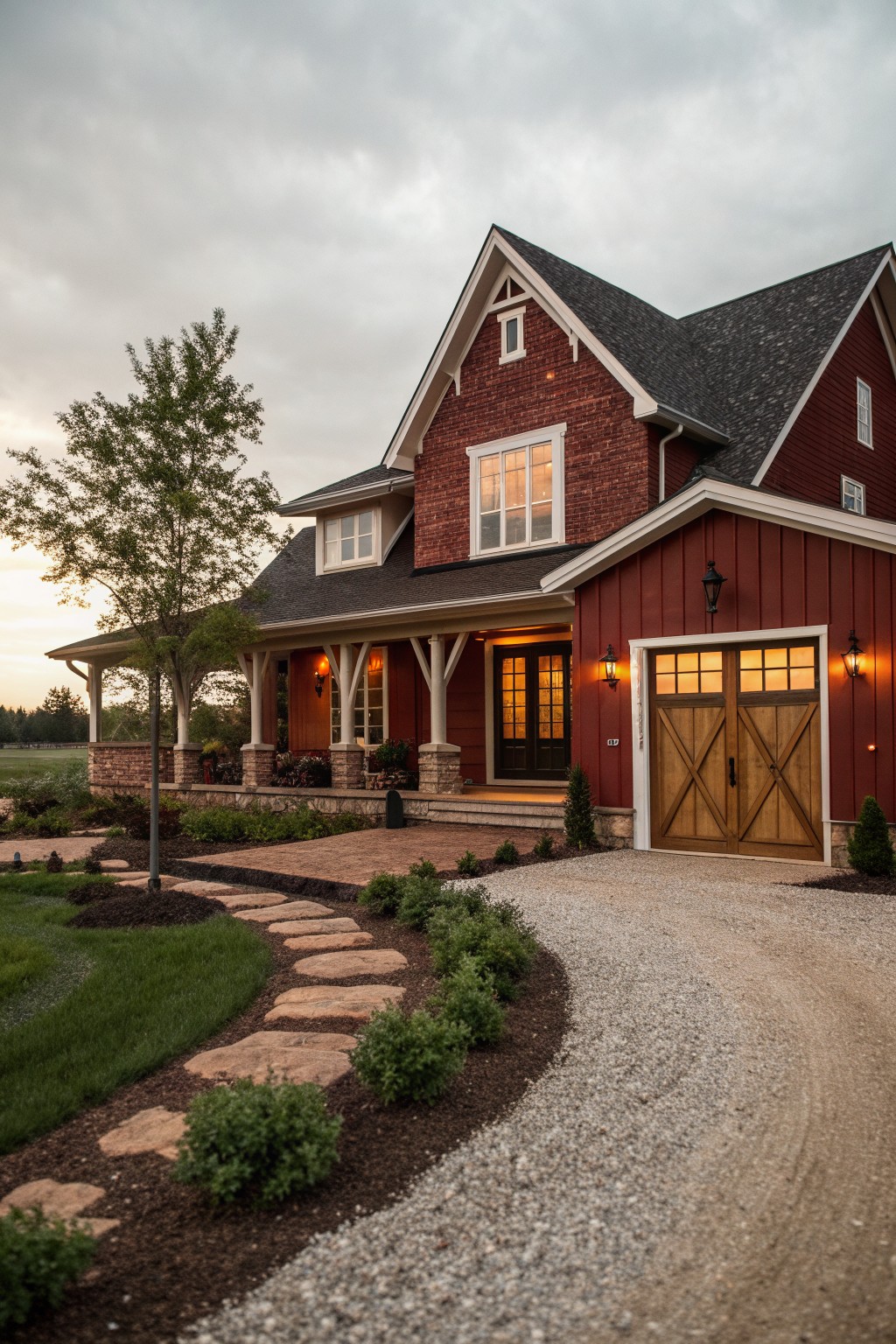 A red brick farmhouse with a gabled roof, white trim, wooden garage doors, a covered porch, and gravel driveway with stone paths.