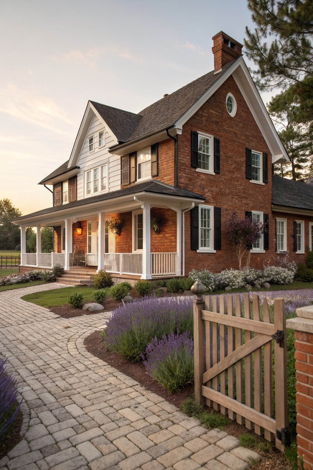 A two-story brick farmhouse exterior with white siding accents, a covered porch, black shutters, and a paved path leading past a wooden gate and lavender landscaping.