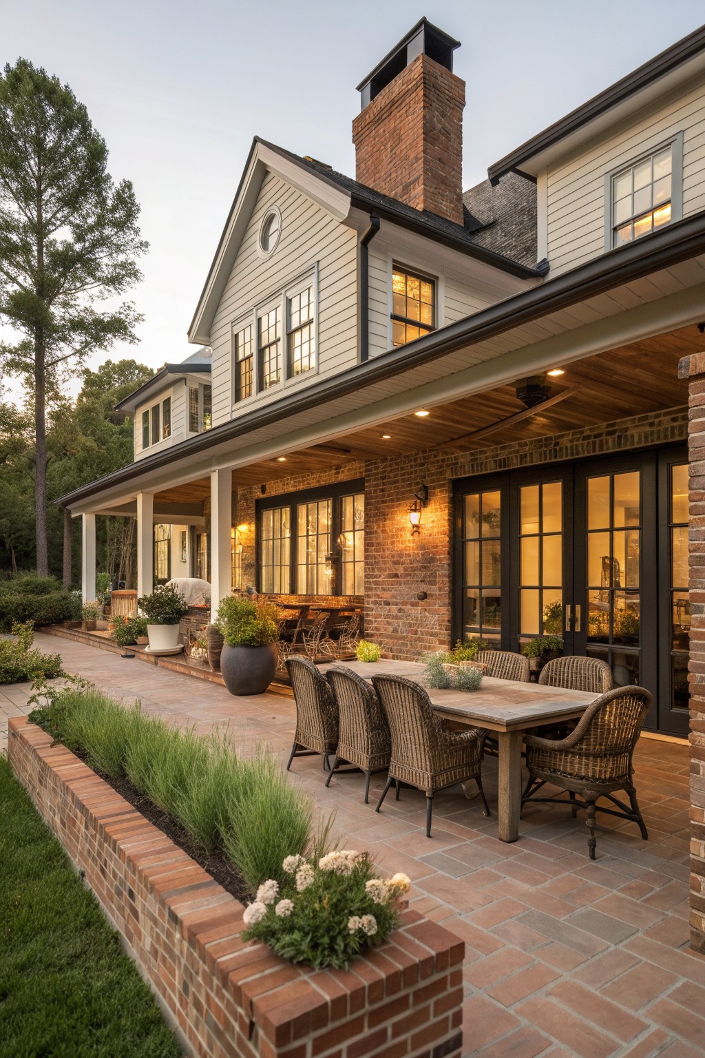 A two-story brick and siding farmhouse with a large covered porch holding a wooden dining table and woven chairs on a brick patio.