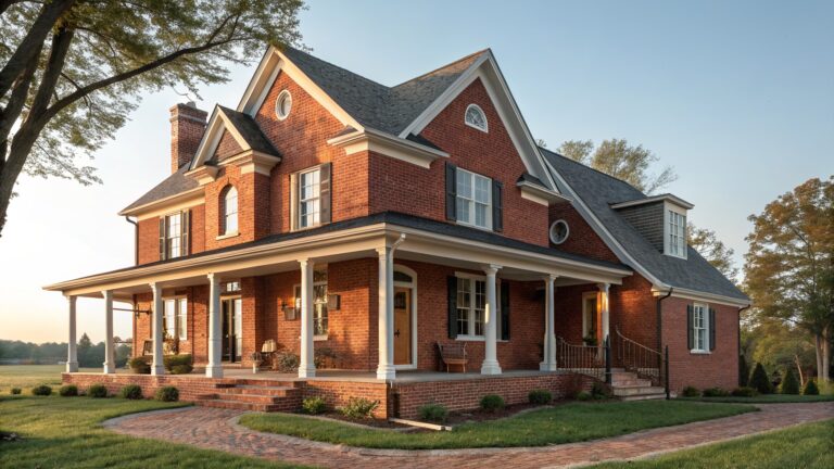21 Classic Brick Farmhouse Exteriors That Add Traditional Texture A two-story red brick farmhouse exterior with black shutters, white trim, a wrap-around porch, and a brick chimney under a partly cloudy sky.