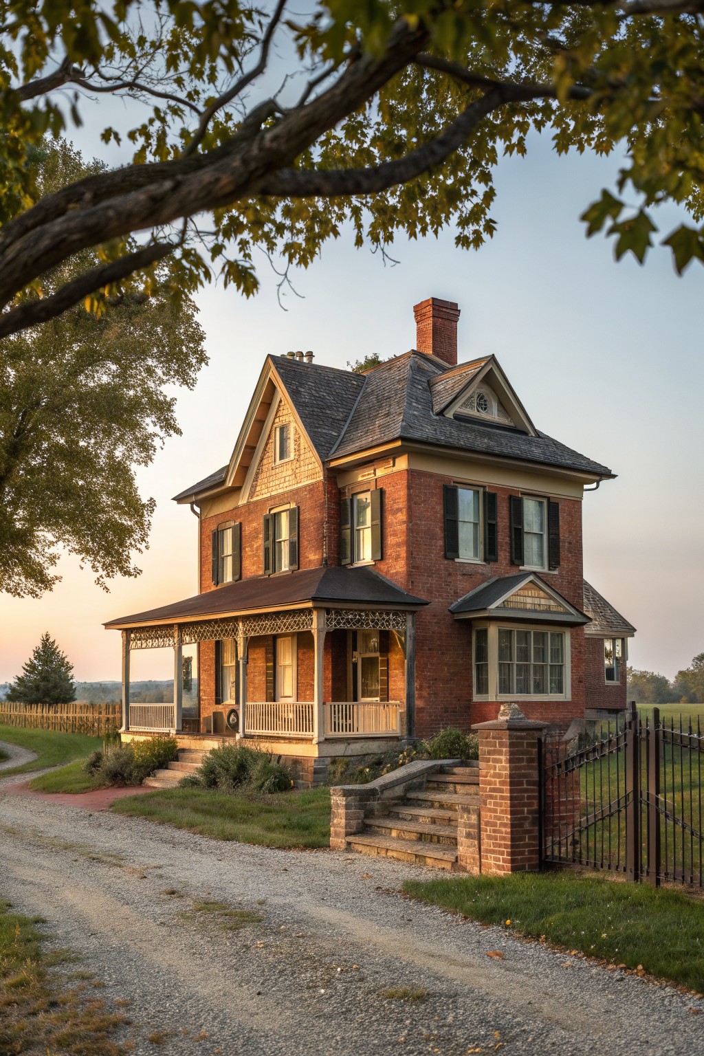 Red brick Victorian house with porch beside gravel driveway at sunset