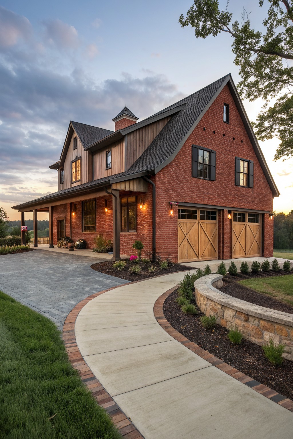 A red brick farmhouse exterior with wooden barn-style garage doors, wood siding accents, and a dark shingled roof at dusk.