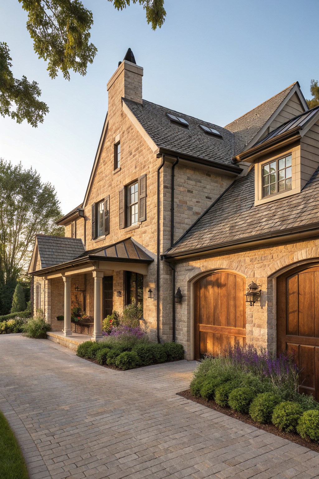 Stone house with wooden garage doors, chimney, and lush garden landscaping.