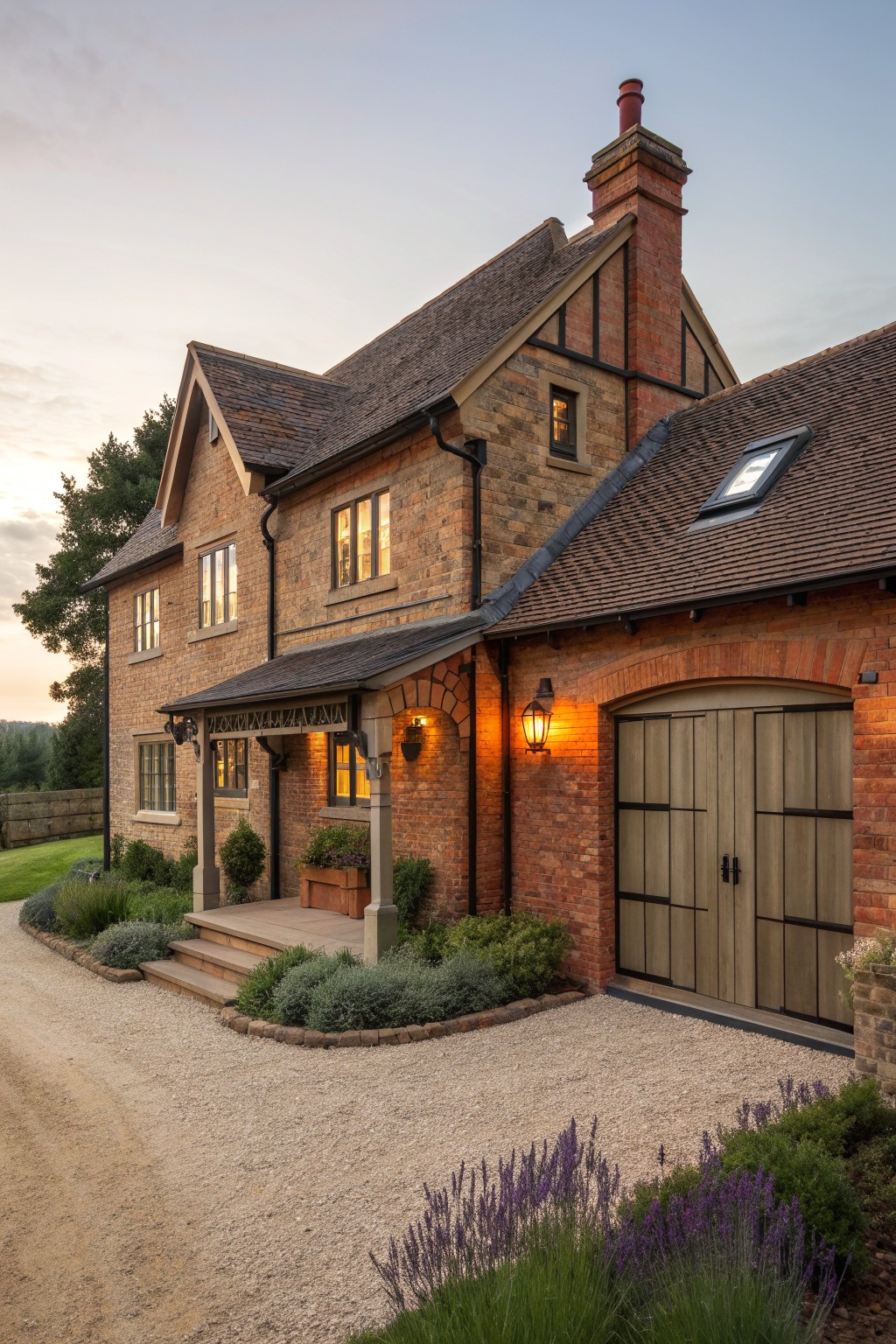 Brick house with lit windows, wooden garage doors, gravel drive and garden at dusk