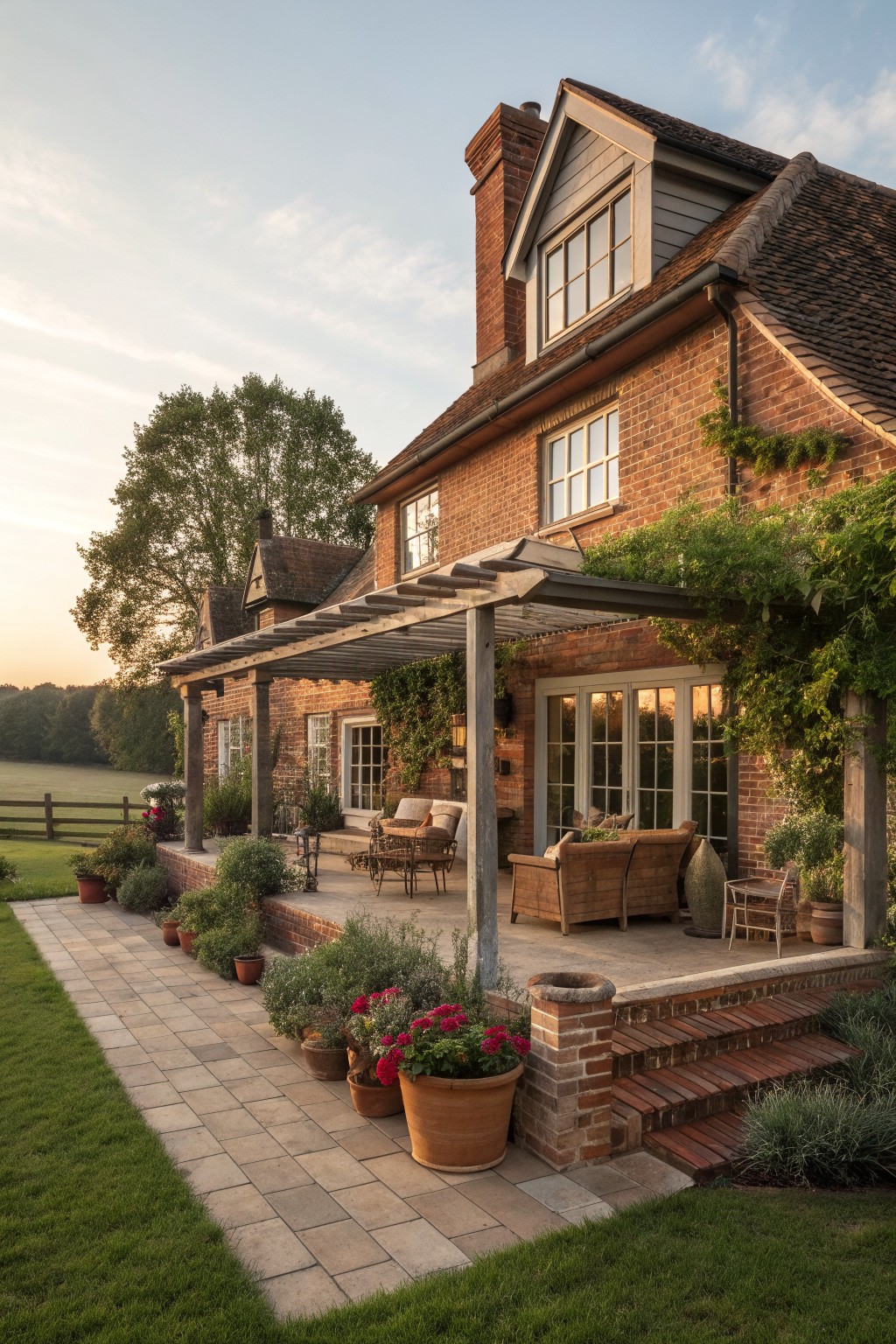 Brick farmhouse exterior with a wooden pergola covering a patio that has sofas, chairs, and potted plants along the edges.